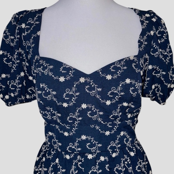 Francesca’s Navy Blue Embroidered Mini Dress Tie Back Puff Sleeve Medium NWT - Picture 4 of 9